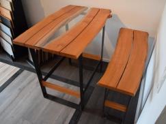 Stehtisch mit Glaseinlage und Bank aus Kirschbaum-Holz 